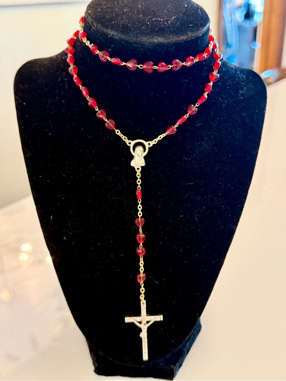 VTG Red Glass Heart Bead Rosary Silver Crucifix Italy